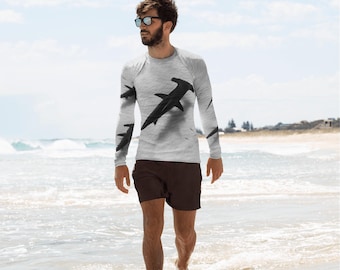 Hammerhead Shark-uitslagbeschermer heren | Zwart-wit surfzwemshirt