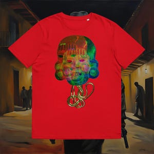 T-shirt van biologisch rood katoen Sicario met El Patron Del Mal-ontwerp
