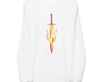 Biologisch sweatshirt Flaming Sword – Minimalist Fantasy Blade ronde hals | Middeleeuwse trui met vuurzwaard Graphic