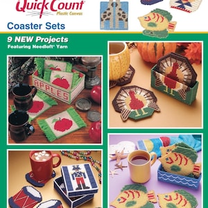 May include: A catalog cover for Quick Count plastic canvas coaster sets. The cover features various finished coasters, including apple, fish, drum, and soldier designs. The text reads "Coaster Sets" and "9 NEW Projects Featuring Needloft Yarn."