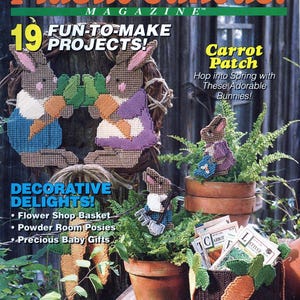 May include: The cover of Plastic Canvas Magazine features a spring-themed design. It showcases several plastic canvas bunny figures, carrot decorations, and potted plants. Text includes "Carrot Patch" and "Fun-to-Make Projects!"