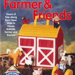 May include: A plastic canvas design depicting a red barn with white doors and a yellow roof. The scene includes a farmer, tractor, and farm animals such as a horse, sheep, pig, and chicken. The text "Farmer & Friends" is displayed.