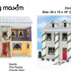 May include: A white plastic canvas dollhouse kit with a Christmas theme. The kit includes a needle, pine roping, chenille stem, and beads. The dollhouse is 20 inches wide, 10 inches deep, and 16 inches tall. The kit is from Mary Maxim.