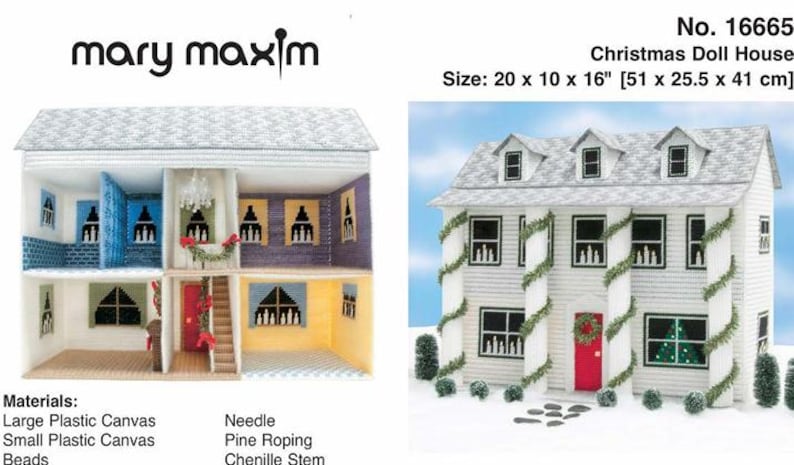 May include: A white plastic canvas dollhouse kit with a Christmas theme. The kit includes a needle, pine roping, chenille stem, and beads. The dollhouse is 20 inches wide, 10 inches deep, and 16 inches tall. The kit is from Mary Maxim.