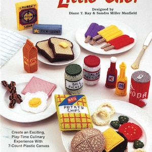 May include: A collection of colorful plastic canvas food items, including toast with butter, popsicles, a hamburger, and a box of potato chips. The image is titled "Little Chef" and includes the text "Create an Exciting, Play-Time Culinary Experience With 7-Count Plastic Canvas."