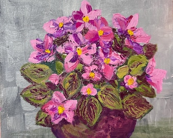 Pansies, violas,violets , impressionism, original oil painting, heavy impasto impressionism, 8x8 inches, wall decor, original art