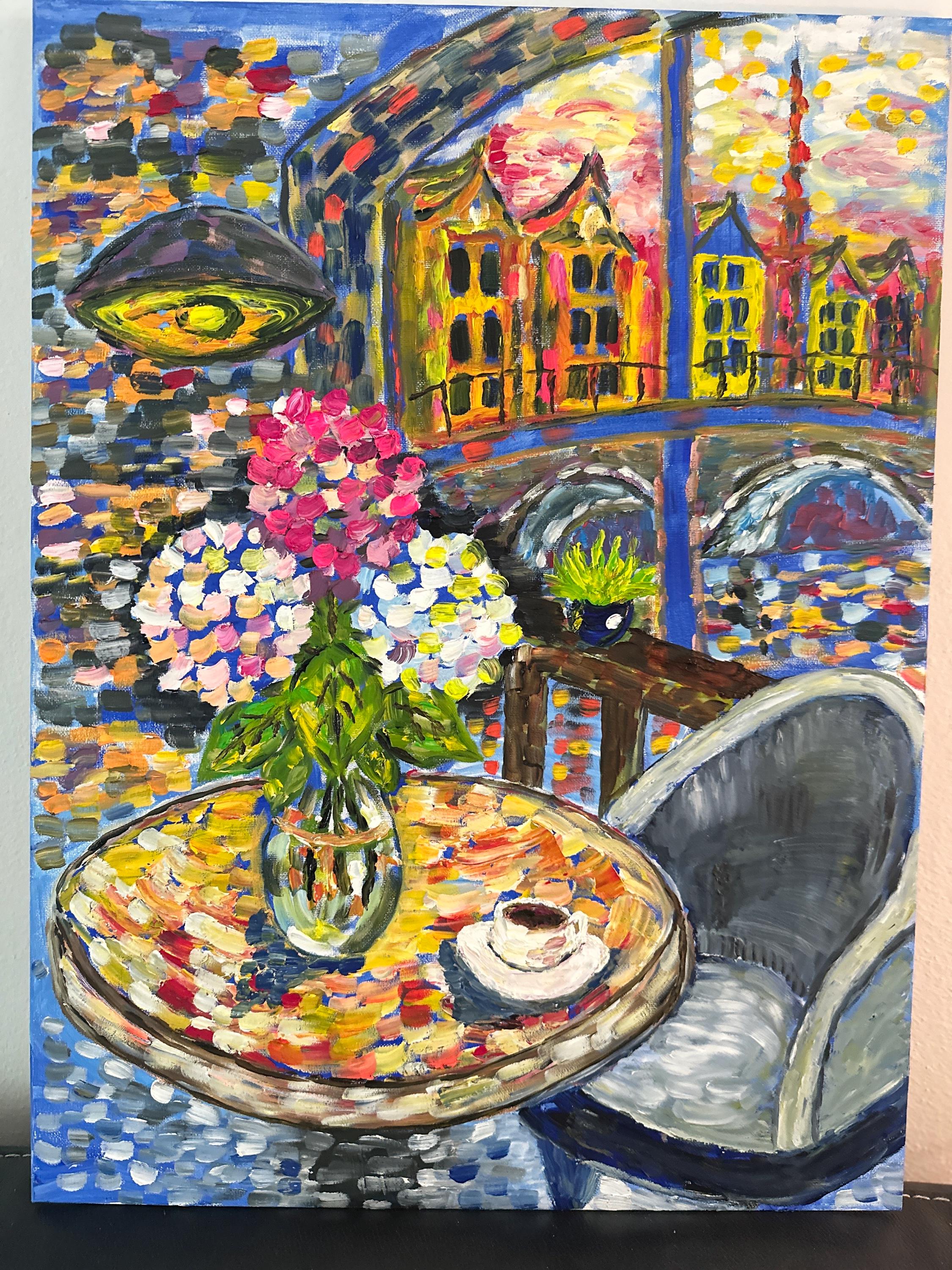 Cafe in Amsterdam oil painting , original  art, 18x24 inches, art wall decor, Coffee lover gift, impressionism, heavy impasto