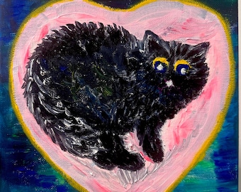 Whimsical Black Cat oil painting- Vibrant  impasto Brushstrokes , 8x8 inches, wall decor, Original Art