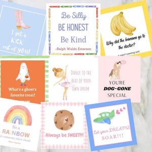 May include: A set of ten colorful cards with various illustrations and inspirational messages. The cards feature a ghost, a rainbow, a ballerina, a dog, a banana, a boot, a cookie, a spaceship, and crayons. The text on the cards includes phrases like "Be Silly", "Be Honest", "Be Kind", "What's a ghost's favorite treat?", "Dance to the beat of your own drum", "You're dog-gone special", "Why did the banana go to the doctor?", "I get a kick out of you!", "Be a rainbow in someone else's cloud", "Always be sweet!!!", and "Let your dreams soar!!!".