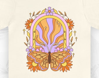 Butterfly Graphic Tee, Retro T Shirts, Colorful Off White Tees