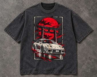 JDM Acid Wash T-Shirt, Japanese Streetwear Car Tee, Torii Gate Graphic, Oversized Heavyweight Racing Shirt, Car Guy Gift