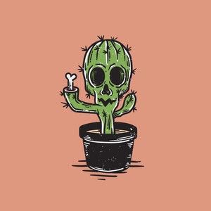 May include: A green cactus with a skull face in a black pot. The cactus has a bone sticking out of one arm.