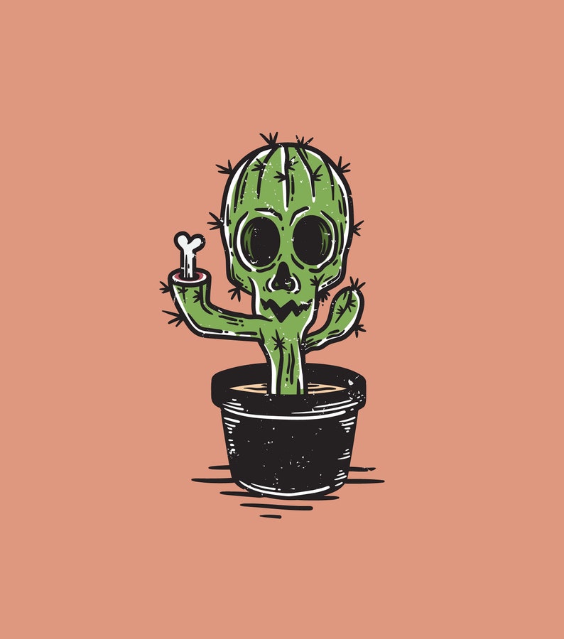 May include: A green cactus with a skull face in a black pot. The cactus has a bone sticking out of one arm.