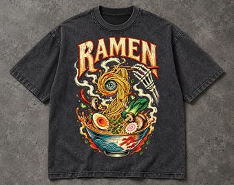 Ramen Shirt | Acid Wash Oversized Graphic Tee | Skeleton Noodle Streetwear | Heavyweight Vintage Food T-Shirt