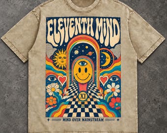 Eleventh Mind Acid Wash T-Shirt, Retro Psychedelic Graphic Tee, Oversized Khaki Streetwear Shirt, Trippy Checkerboard Unisex Tee