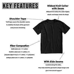 May include: A black t-shirt with a ribbed knit collar and side seams. The shirt has a twill tape shoulder seam to help stabilize the back of the garment and prevent stretching. The fabric composition is 100% cotton for solid colors, 50% cotton and 50% polyester for heather colors, 90% cotton and 10% polyester for Sport Grey, and 60% cotton and 40% polyester for antique colors.