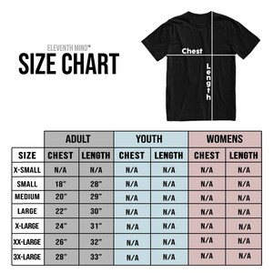 May include: Size chart for adult, youth, and women's clothing. The chart shows chest and length measurements in inches for different sizes, including X-Small, Small, Medium, Large, X-Large, XX-Large, and 3X-Large.