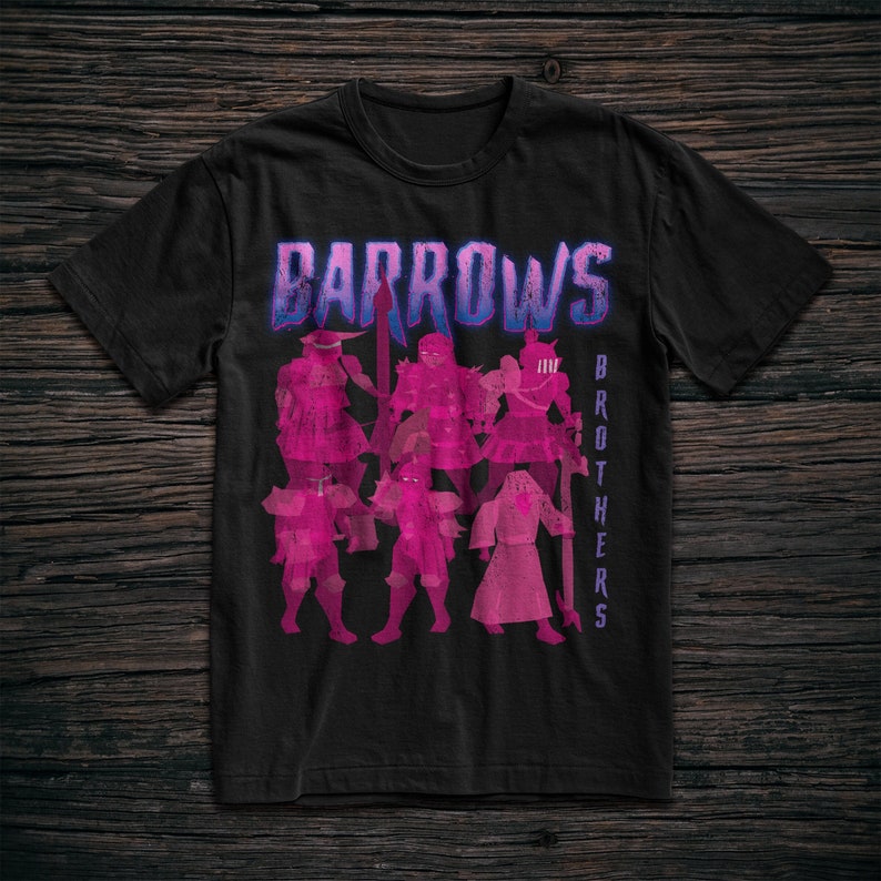 May include: Black t-shirt with a pink graphic of a group of figures with swords and the text "Barrows Brothers".
