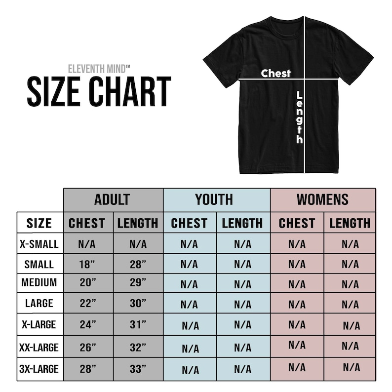 Peut inclure: Tableau des tailles pour v&ecirc;tements pour adultes, jeunes et femmes. Le tableau indique les mesures de la poitrine et de la longueur en pouces pour diff&eacute;rentes tailles, y compris XS, S, M, L, XL, XXL et 3XL.