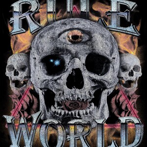 May include: A black graphic t-shirt with a silver skull with a third eye and a rose in its mouth. The text "RULE WORLD" is above and below the skull.