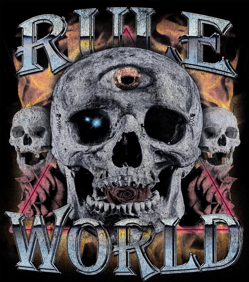 May include: A black graphic t-shirt with a silver skull with a third eye and a rose in its mouth. The text "RULE WORLD" is above and below the skull.
