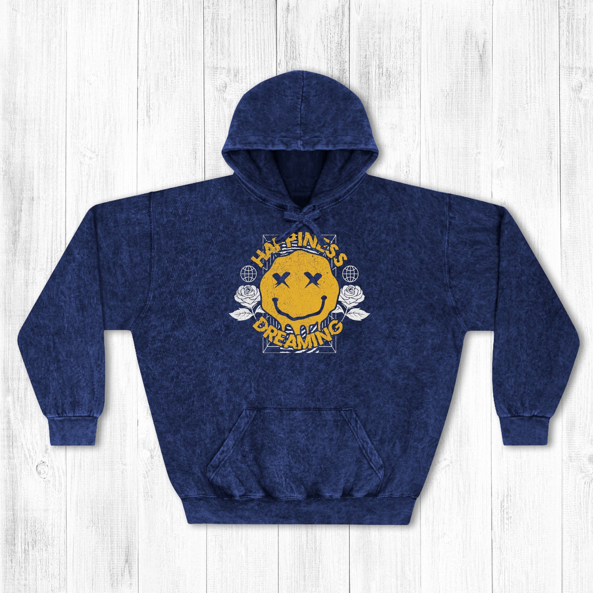 Happiness Faded Hoodie, Navy + Black Graphic Sweatshirts, Smiley