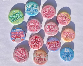 Fanfiction 1.25 inch Pinback Button / tiktok twitter meme pin / Ao3 fanfic tropes / enemies to lovers / friends to lovers / slowburn / gl bl