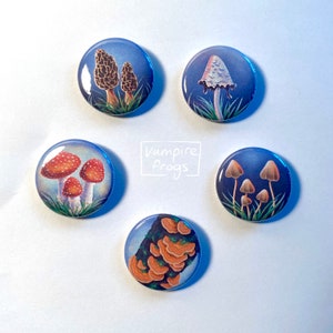 Mushroom 1.25 inch Pinback Buttons / fly agaric inky cap turkey tail morel / toadstools cottagecore fairy ring whimsical fairycore pins