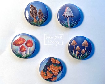 Mushroom 1.25 inch Pinback Buttons / fly agaric inky cap turkey tail morel / toadstools cottagecore fairy ring whimsical fairycore pins
