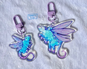 Fairy Animal Keychains / Opossum Rat winged bug acrylic charms / angel pastel glitter epoxy cute kawaii gift fairycore