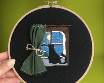 Black Cat Looking Through Window Wall Hanging Decor, Hand Embroidered, Home Gift