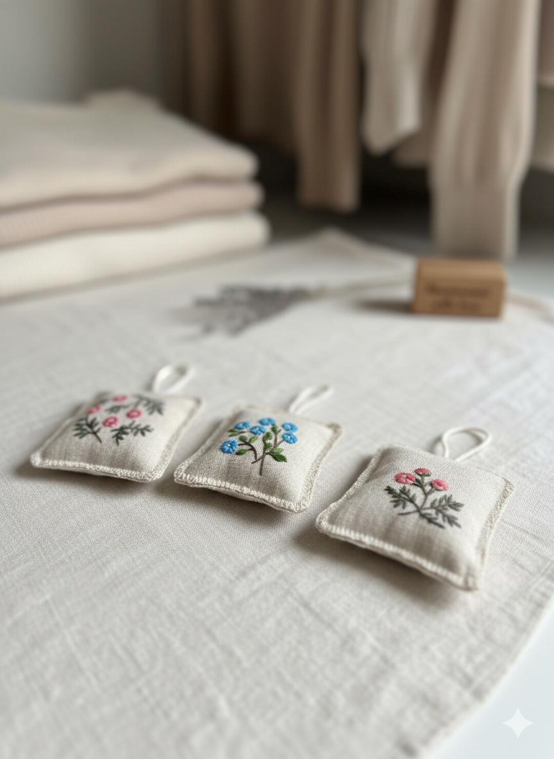 Handmade Embroidered Lavender Sachet Set, Linen Wardrobe Freshener ...