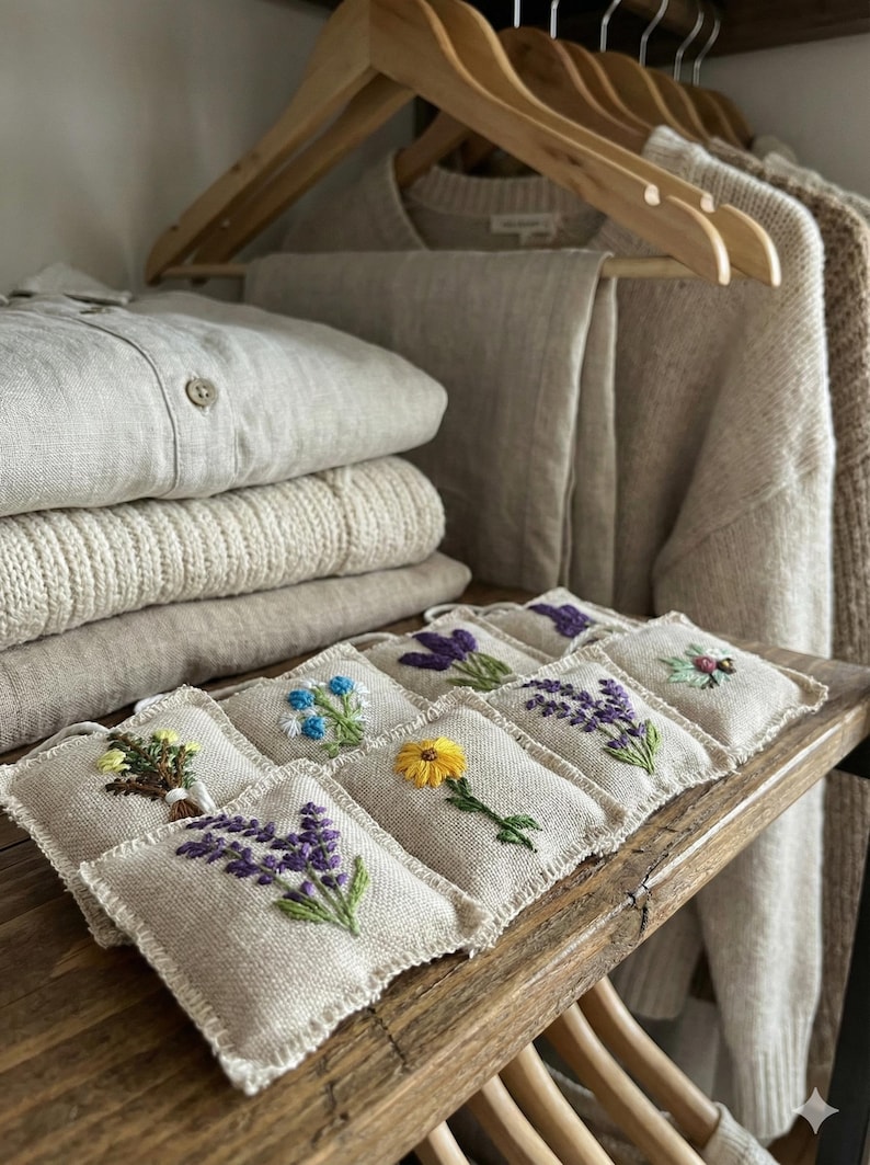Sachet Robe Designs Handmade Embroidered Lavender Sachet Set, Linen Wardrobe Freshener ...