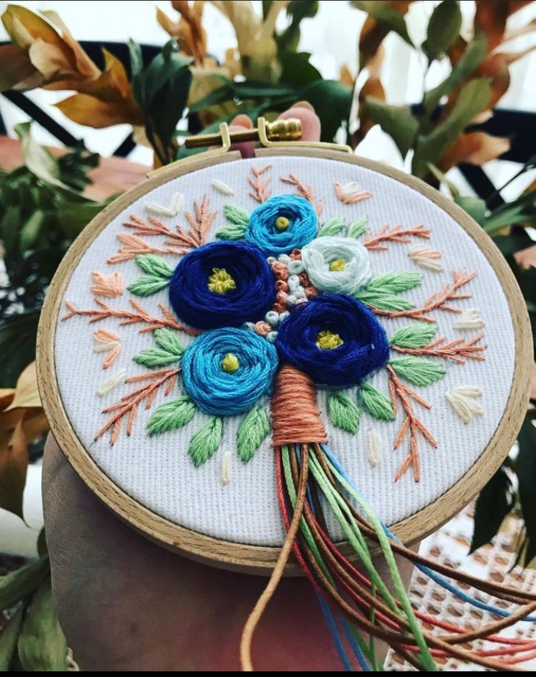 Hand Embroidered Floral Hoop Art – Blue Flowers, Leather Accents - Etsy