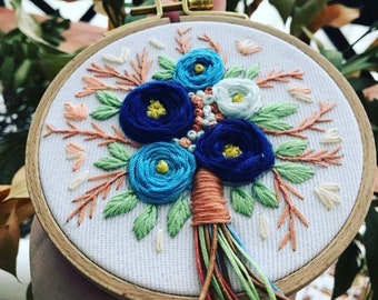 Hand Embroidered Floral Hoop Art – Blue Flowers, Leather Accents