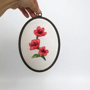 Red Poppy Embroidery Hoop Art, Handmade Floral Wall Decor, Modern Botanical Embroidery, Minimalist Oval Hoop, Cottagecore Gift For Her