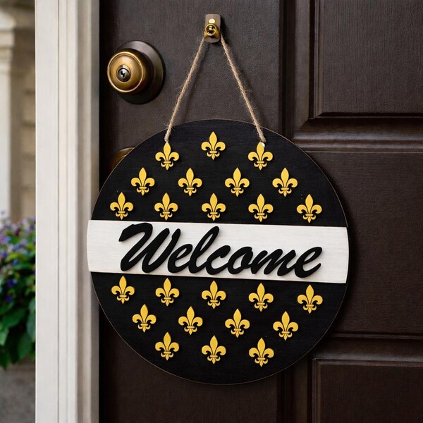 Layered Welcome Door Sign SVG | Fleur de Lis Round Welcome Sign | Laser Cut Door Hanger File | Glowforge LightBurn CNC Cut File