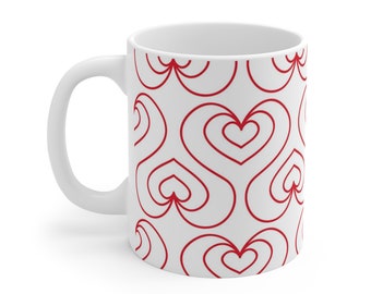 Heart Valentine's Day Mug, Red & White Ceramic Cup, 11oz, Romantic Gift
