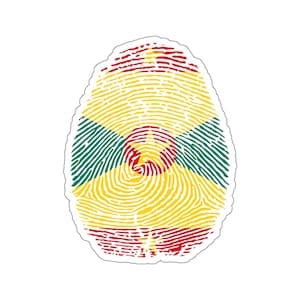 May include: A fingerprint-shaped sticker with the colors and design of the Grenada flag. The flag is green, yellow, and red with a yellow five-pointed star in the center.