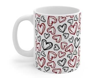 Heart Mug, Red & White Ceramic Cup, 11oz, Romantic Gift