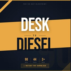 May include: A digital product advertisement with a black and yellow color scheme. The text reads "DESK TO DIESEL" in large white letters. Additional text includes "THE 90-DAY BLUEPRINT" and details about the product: 90 days, 44 pages, and 3x per week.