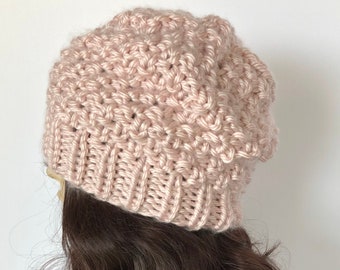 Hand knitted pink slouch hat adult small to medium