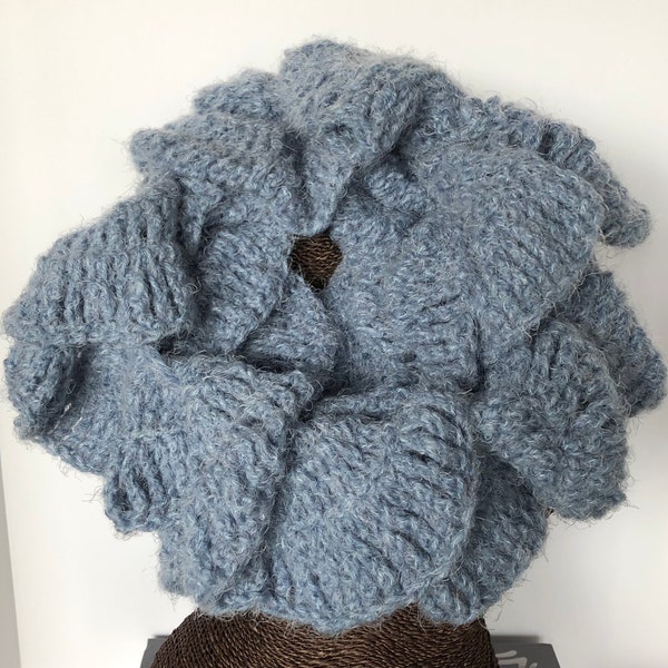 Super soft hand knitted blue frilly scarf