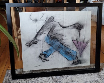 Steppin out gotta find the right balance, 2024, 37.1 x 30 cm. - Original pastel drawing, framed