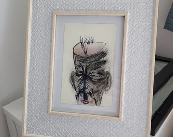 Follicles Funeral Thinker, 2023, 3.5 x 5.5 inches - Original artwork, framed