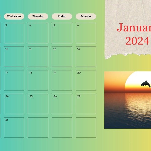 Januar 2024 Monatskalender - Delfin bei Sonnenuntergang