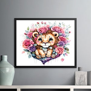Lindo bebé león floral arte de la pared, descarga digital, decoración de la habitación de la guardería, estampado animal, cartel del león bebé acuarela, arte de la habitación de los niños