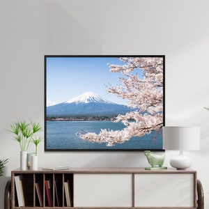 Stunning Mount Fuji Cherry Blossom Scenic Landscape Wall Art, Japanese Nature Print, Beautiful Sakura Decor, Tranquil Lake View