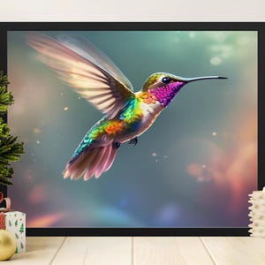 デジタルハチドリアートのダウンロード、AI生成ハチドリ画像、夢のようなハチドリプリント、カラフルなハチドリウォールアート