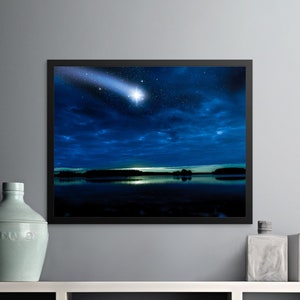 Nachthimmel Wand Kunst Druck, Sternen Nacht Dekor, Sternschnuppe Landschaft, Blaue Nacht See Leinwand, Ruhige Nacht Ansicht Poster